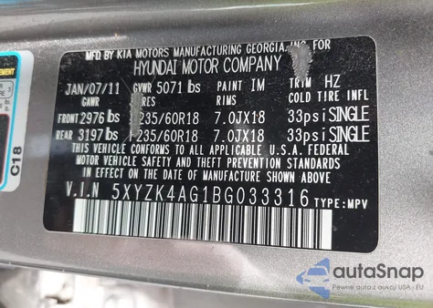 2011 Hyundai Santa Fe Limited V6 из США, поврежденный, VIN 5XYZK4AG1BG033316